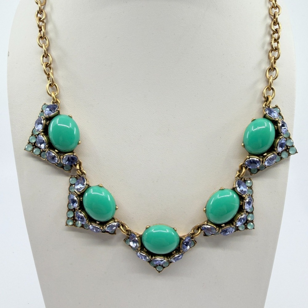 Vintage J.Crew Green Cabochon Lavender Rhinestone Statement Choker Necklace - Picture 3 of 14